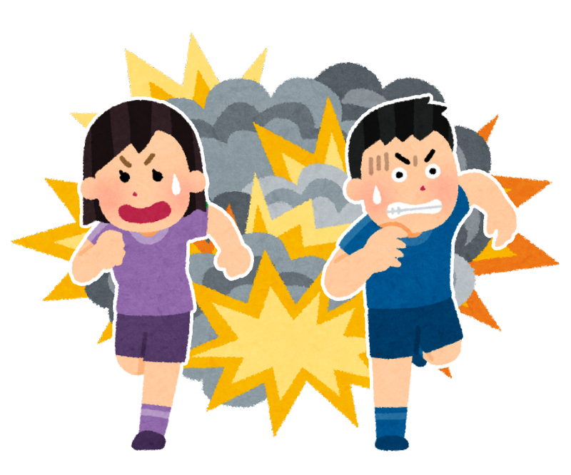 a boy and a girl running from an explosion-game-title